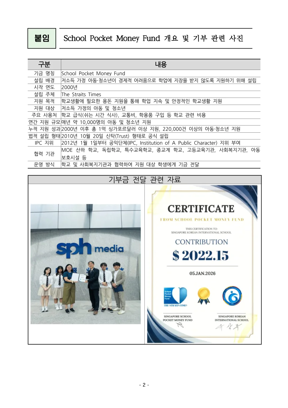 싱가포르 스쿨 포켓 머니 펀드 기부